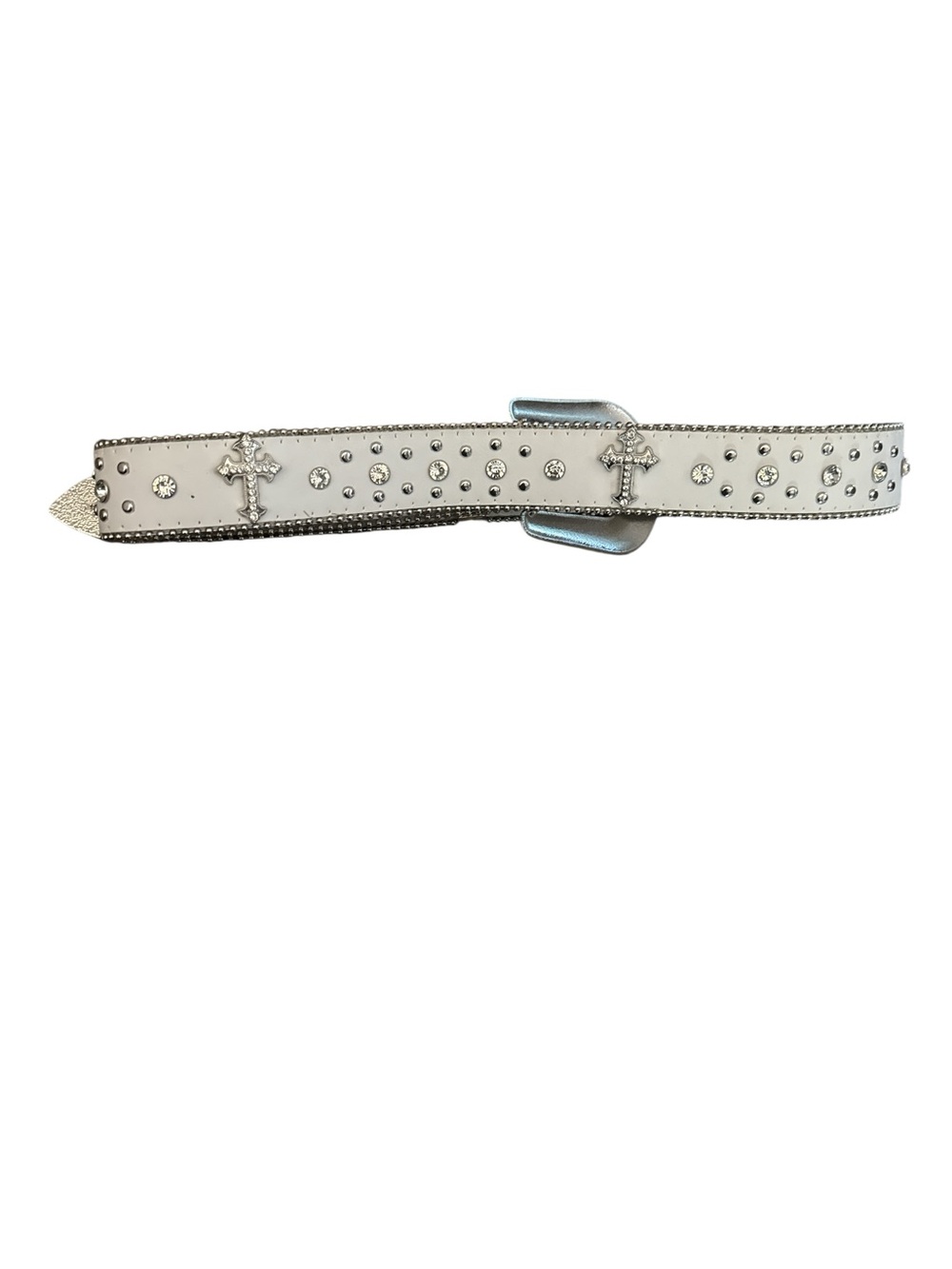 White Rhinestone Western Buckle Belt - Decorative Crosses & Silver Hardware - Picture 4 of 5